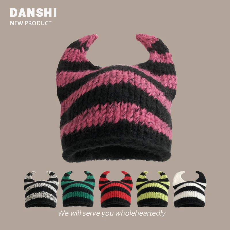 

Japanese Little Devil Cat Ears Wool Beanie Cap Female Autumn Winter Warm Face Small Couple Striped Pullover Knitted Hat Male