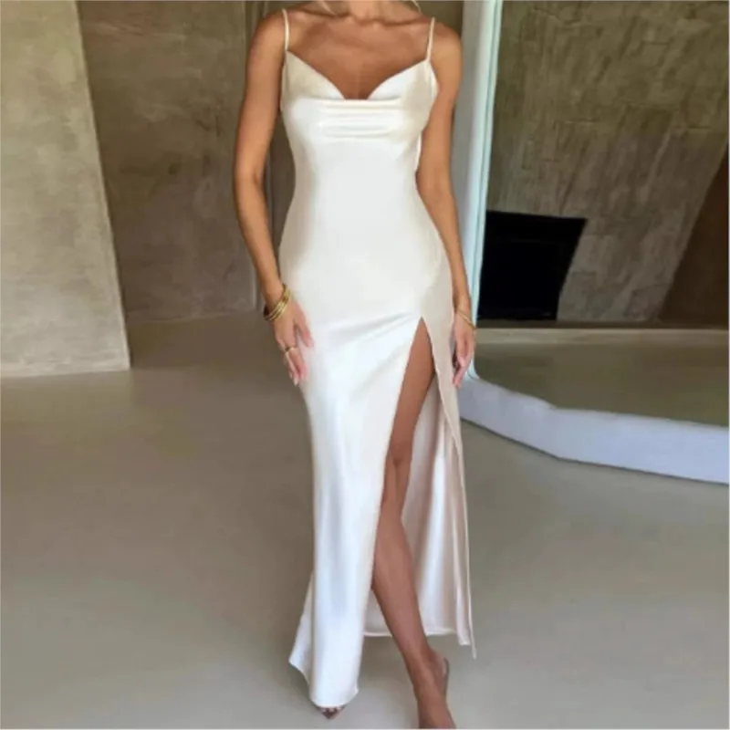 2025, schickes, rückenfreies, figurbetontes, solides Damenkleid mit Seitenschlitz und Trägern, sexy Slim-Fit-Abendkleid für Party und den täglichen Ausflug