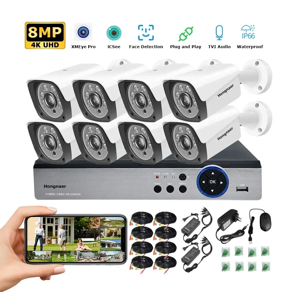 

Hongnaer 8MP AHD 8 Channel Digital Video Recorder Outdoor 4K IP Security Camera Kit Surveillance System ICSee CCTV Camera System