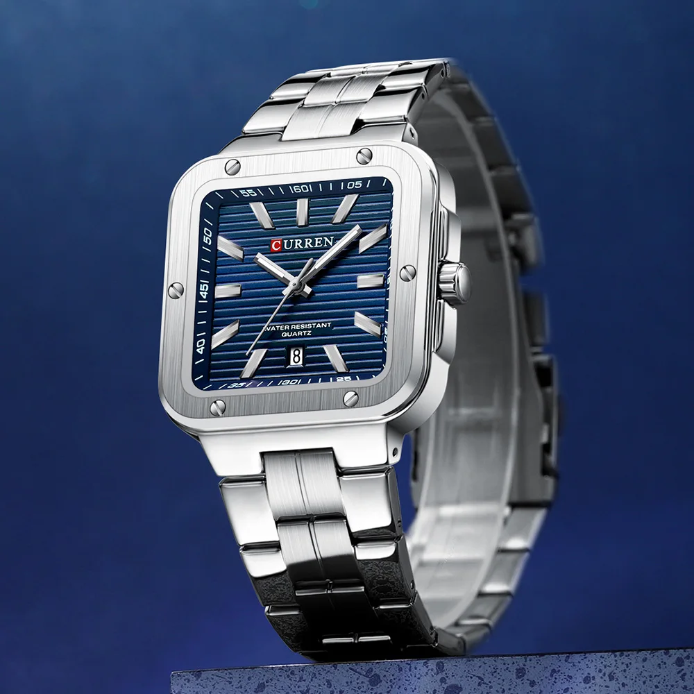 CURREN Unique Square Men's Watch with Green Dial - Stainless Steel Strap, Business Casual Style Quartz Wristwatches for Man