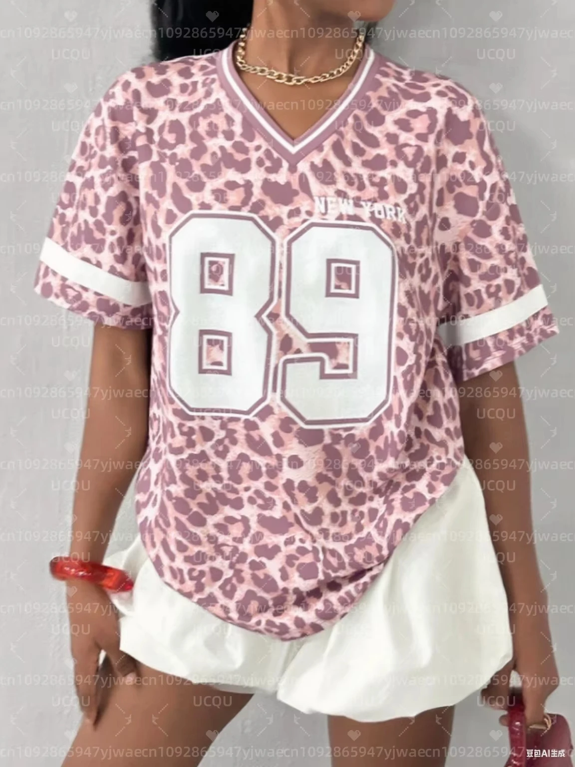 NEW YORK NO.89 Print V-Neck Women's Short Sleeve T-Shirt Summer Fashion Leopard Print Graphic Tee Baseball Jerseys Sport T-Shirt