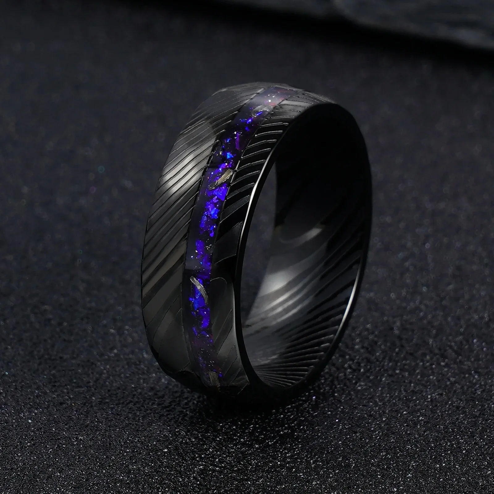 8mm Width Black Stainless Steel Rings for Men Etch Damascus Inlay Galaxy Meteorite Shaving Size 7-12 Comfort Fit Best Gift
