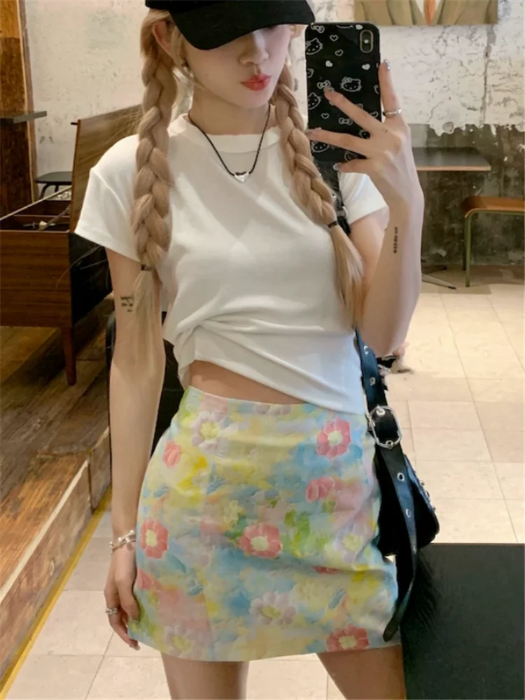 Y2k Summer Small Girl Two Pieces Dress Sets Short Sleeve O Neck White T Shirt Top&High Waist Flower Print A Line Mini Skirt Sets