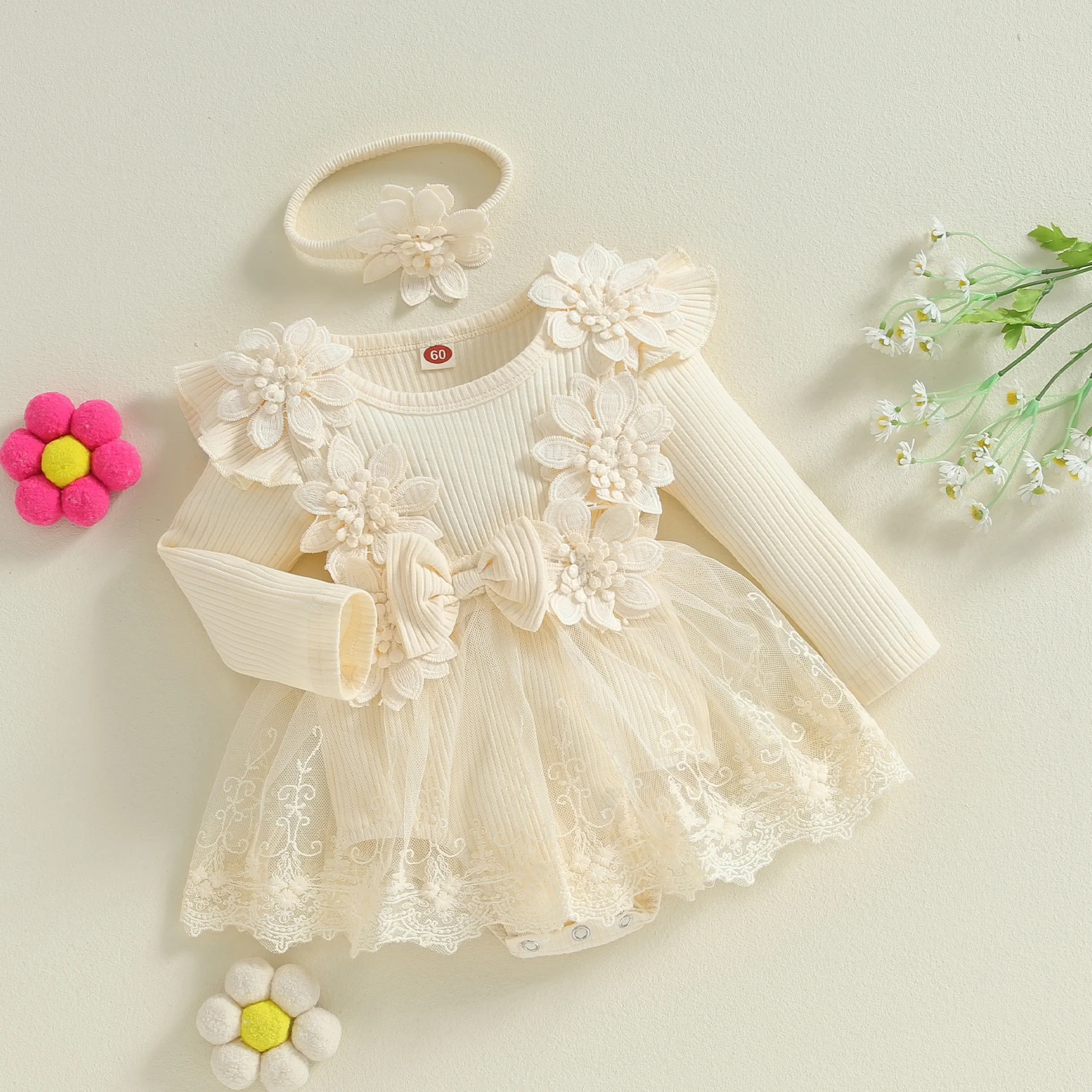 Sweety Baby Girls Set 3D Flower Bow Long Sleeve Mesh Dress Romper Headband Adorable Ribbed Girls Bodysuits Playsuits Outfits