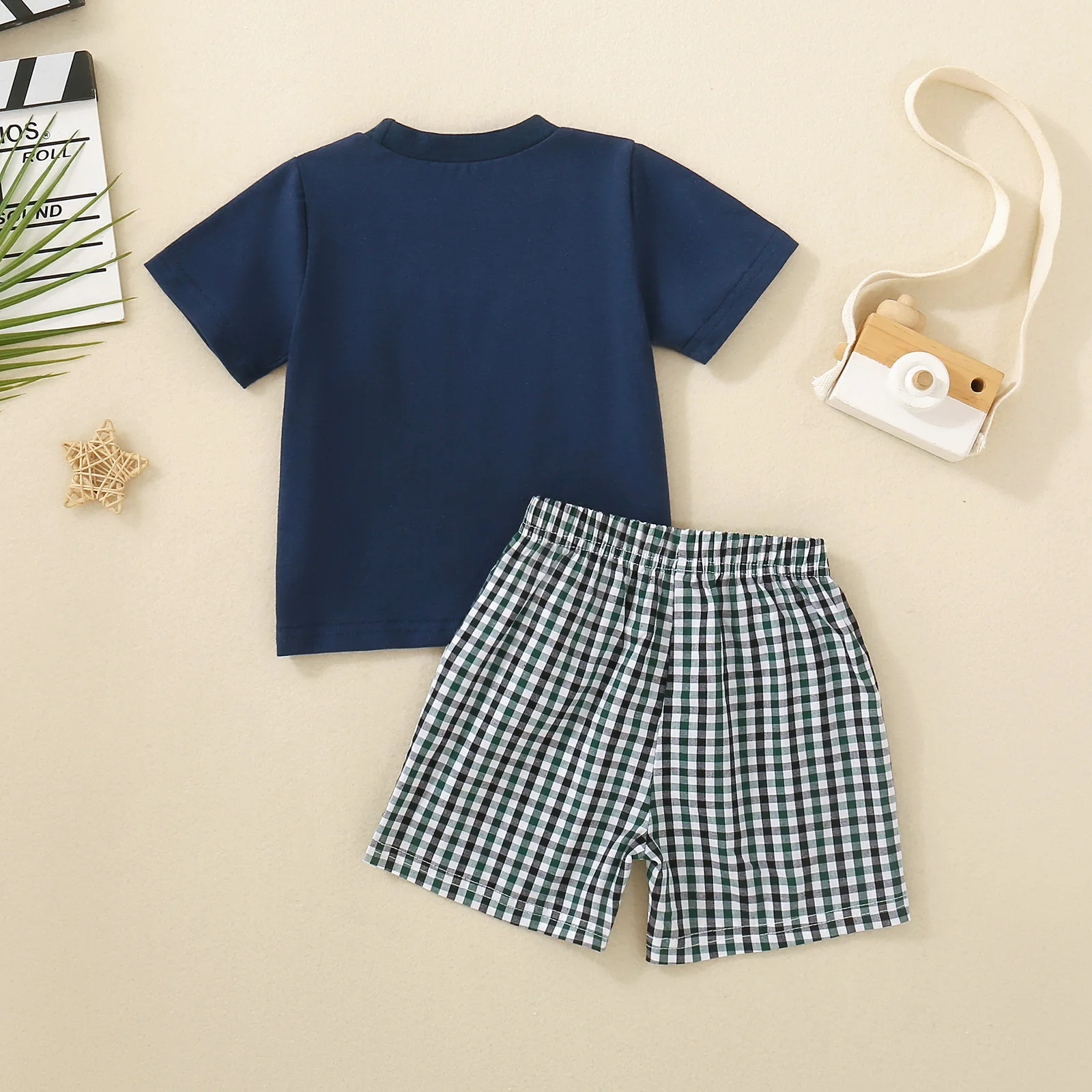 Cross-border gender-neutral baby royal blue short-sleeved T-shirt car embroidery and plaid shorts two-piece set