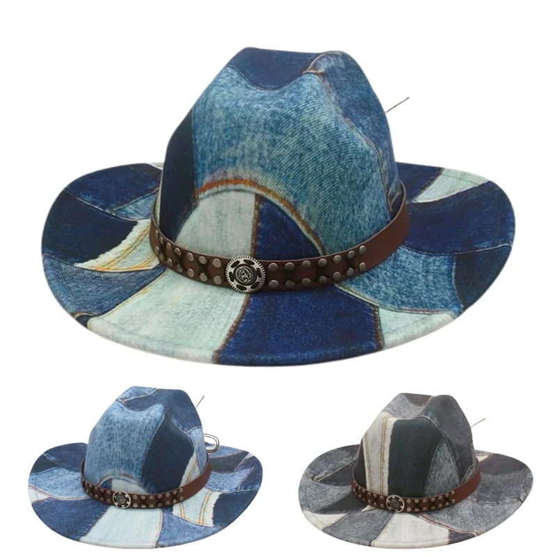 

Vintage Patchwork Distressed Western Cowboy Color Block Fedora Fashion Statement Jazz Hat for Runway Party and Stage Performance