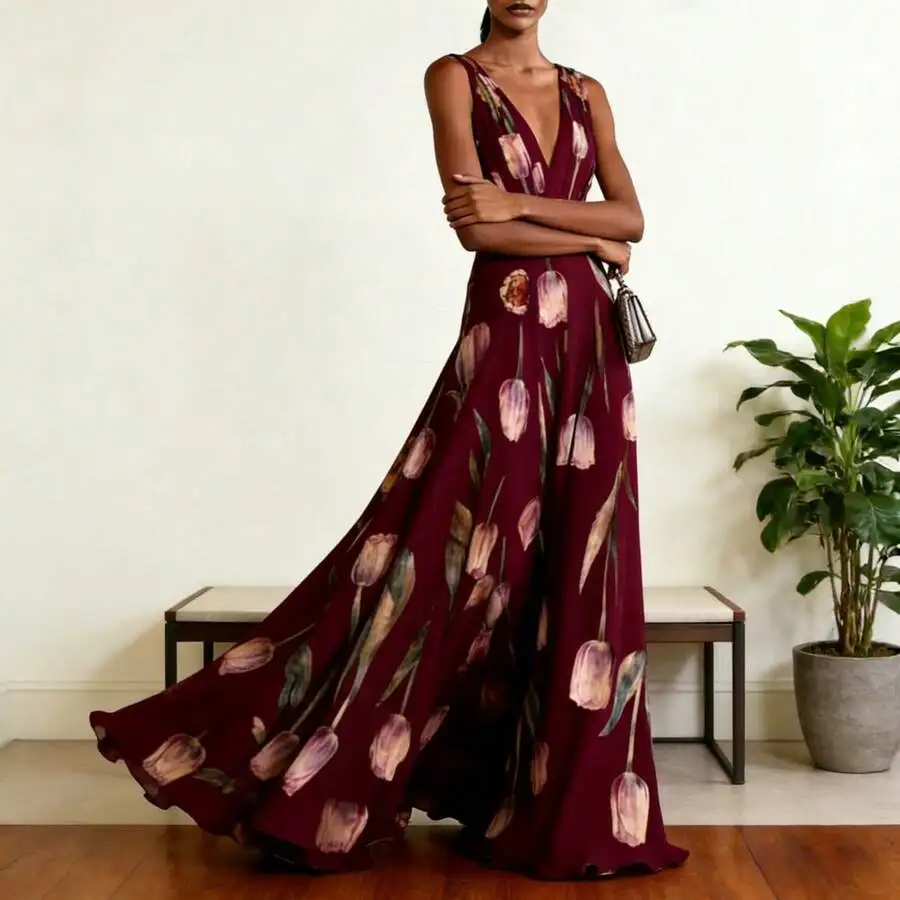 

Elegant Burgundy Tulip Print V-Neck Maxi Dress Flowy A-Line For Casual Wear Beach Date Evening