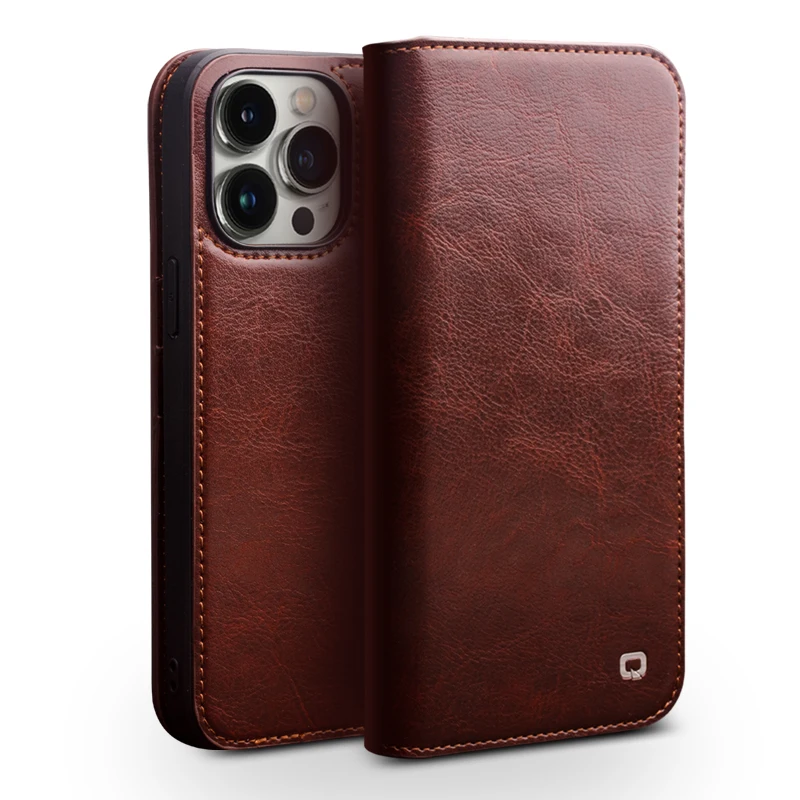 Qialino Brand Genuine Leather Flip Phone Cover For Apple Iphone 16 15 14 13 Pro Max Plus Real Cowhide Case Kickstand Card Pocket