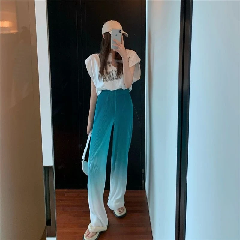 Gradient Color Flare Pants High Waisted Fold Pleated Design Comfortable Loose Wide Leg Trousers Female
