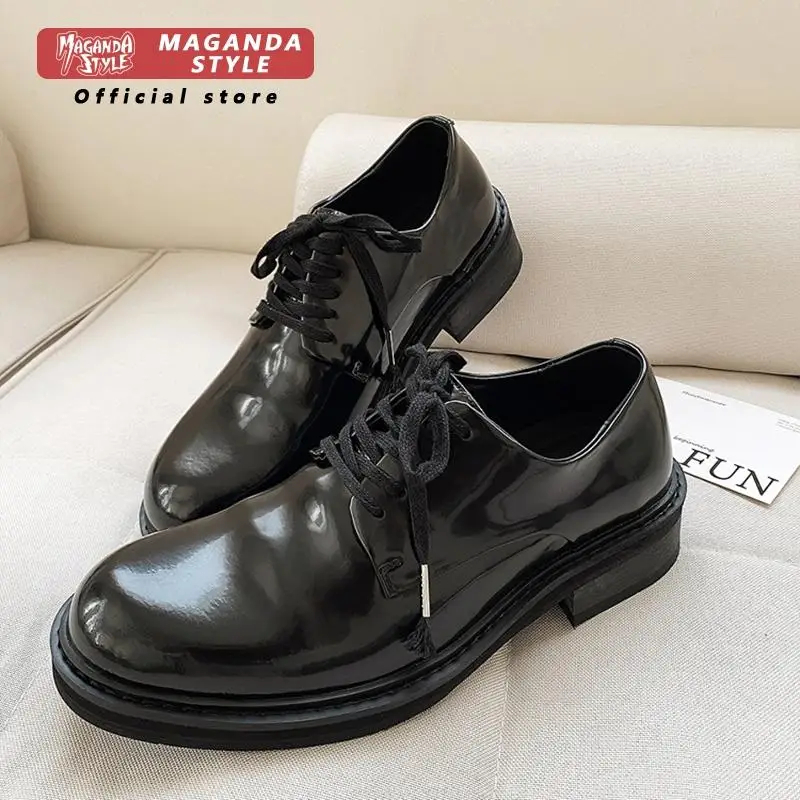 Top layer cowhide pleated lace up shoes for men's casual business formal wear Oxford shoes temperament shiny dress work shoes ﻿