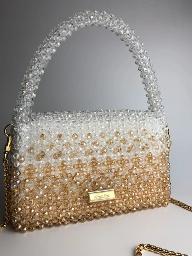 Ladies Handbags 2024 Handmade Woven Crystal Beads Bags for Women Fashion Trend Beach Vacation Clutch Party Bags White Inner Bag