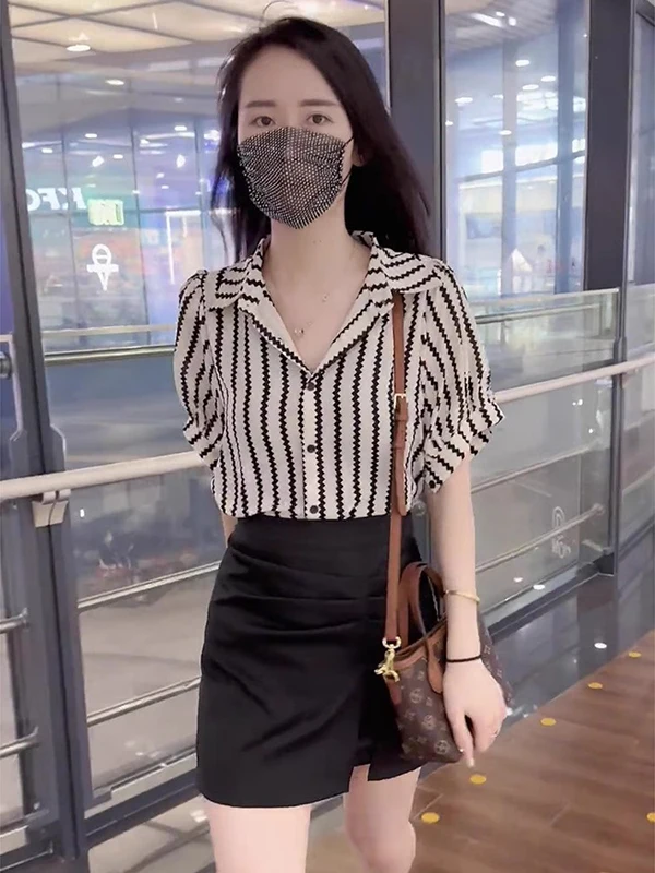 

Женский топ свободного покроя в полоску из шифона, лето 2023, новинка 20%, корейский топ с воротником и воротником Ele