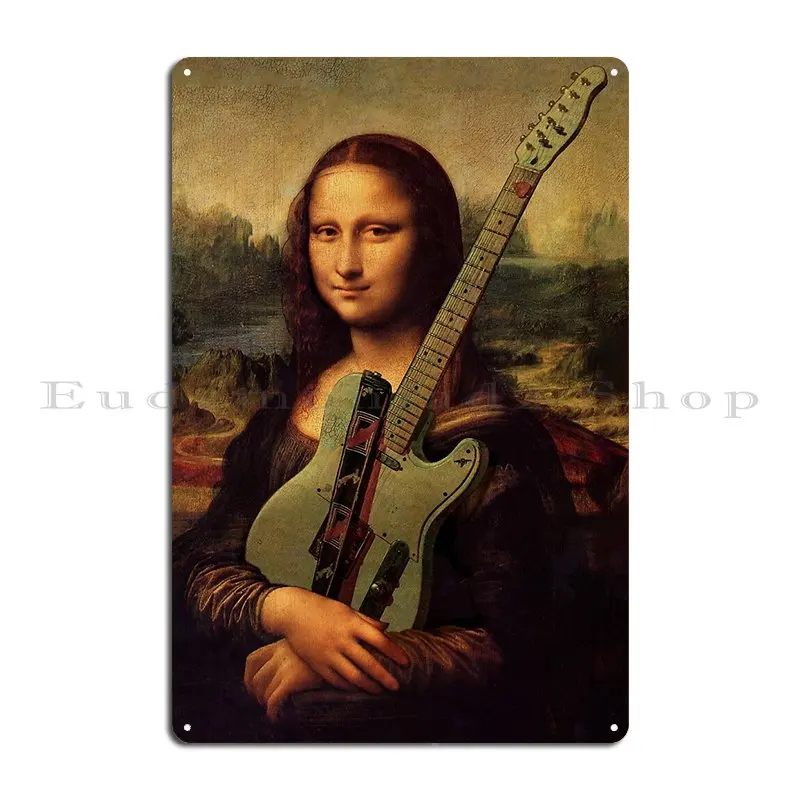 Mona Lisa With Guitar Girl With Vintage Telecaster Guitar Lover Gift Metal Sign Wall Cave Designing Printing Tin Sign Poster