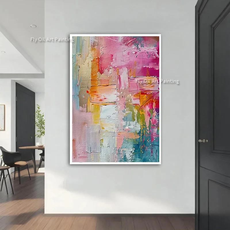 Red And Blue Abstract Thick Canvas Wall Art Hand Drawn Simple Artwork Pink White Oil Painting For Living Room Hall Decor