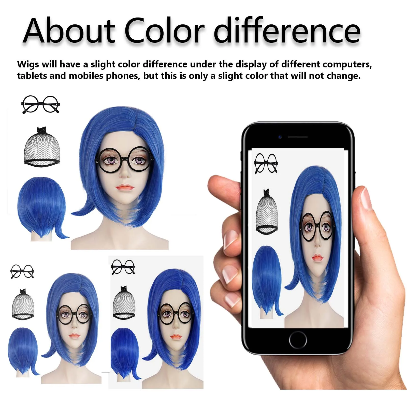 Perruque de tristesse bleue synthétique【+ bonnet de perruque + lunettes】 perruques Bob courtes bleues perruque de Cosplay femmes perruque bleue droite tenue de Costume Halloween