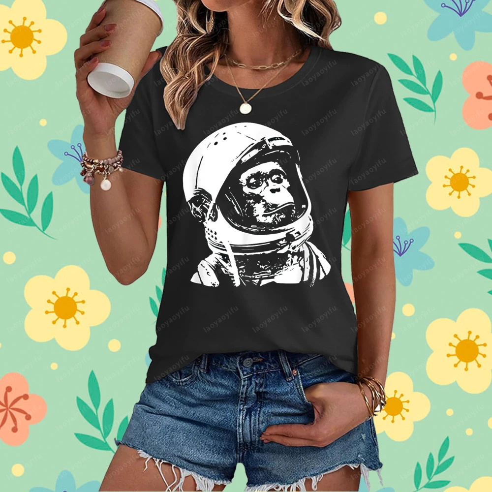Vintage Space Travel Astronaut Monkey T-Shirt Casual Fashion Loose Harajuku Streetwear Hip Hop Punk Short Sleeve Women T Shirt