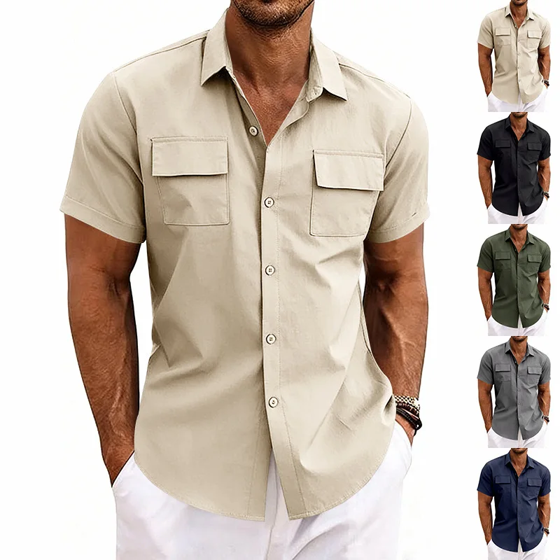Summer Large Size Men's Outdoor Elastic Lapel Casual Multi-Pocket Tooling Commuter Short Sleeve Shirt