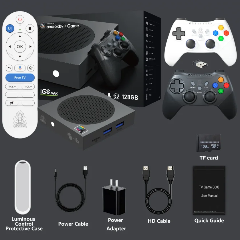 Игровая ТВ-приставка G8 Max, 2 ГБ ОЗУ, 64 ГБ ПЗУ, Android 14.0, WiFi 5, BT 5.0, S905Y2, 30 000 игр, 100 Мбит/с, 4K HD, два беспроводных контроллера, STB
