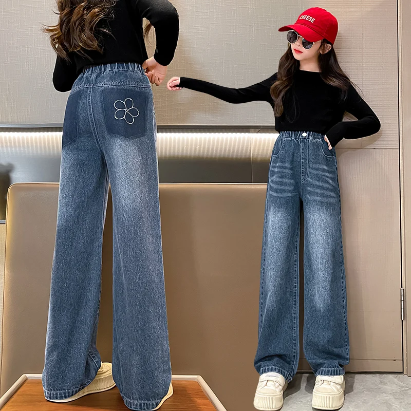 Jeans For Girl Flowe Pattern 2023 Kids Girl Spring Autumn Wide Leg Pants Kids Casual Style Children's Clothing for 5-16Y