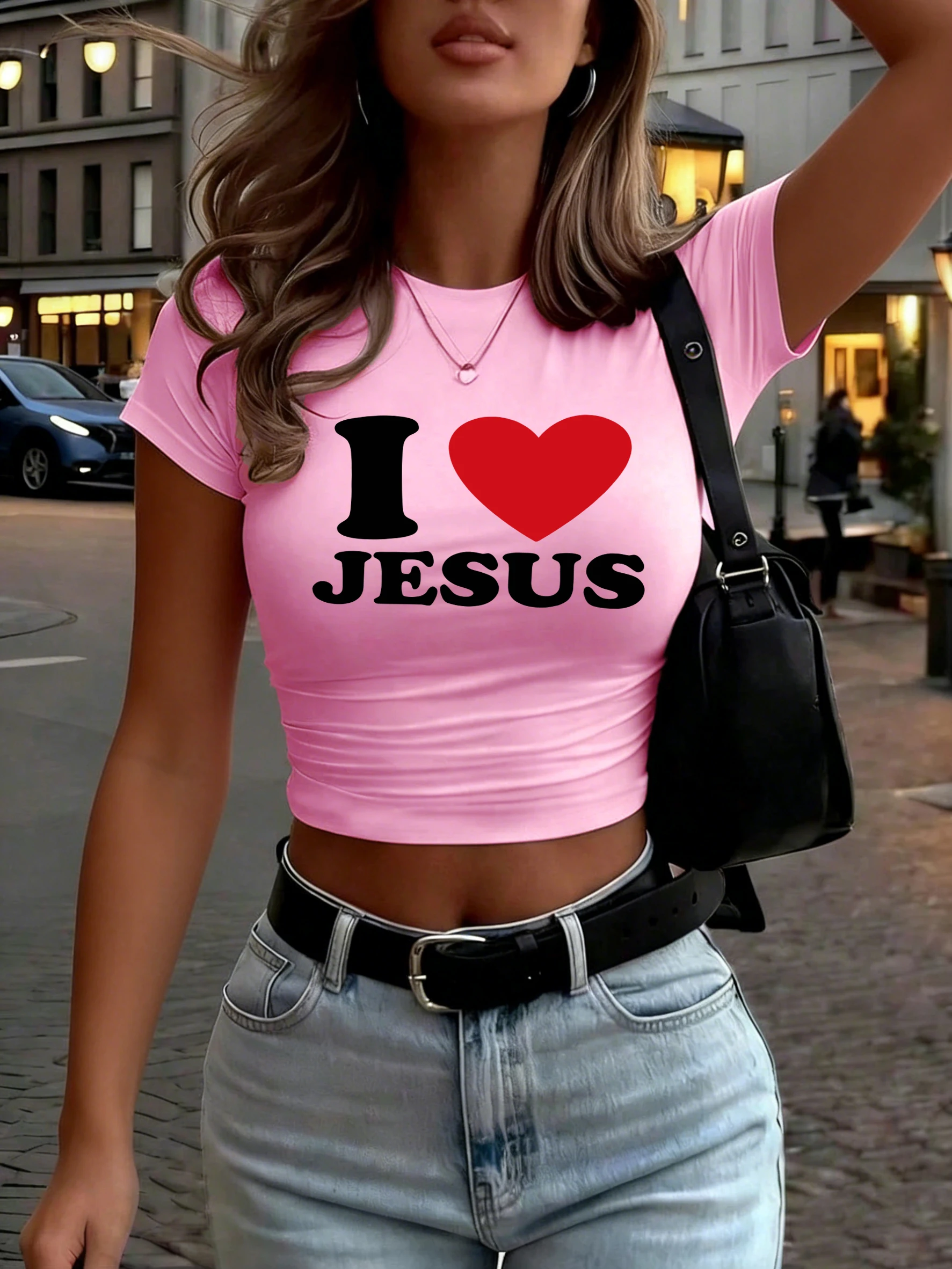 Ich liebe Jesus Kunstdruck Crop T-Shirt Damen Sommer Mehrfarbige T-Shirts Atmungsaktive weiche Streetwear Rundhalsausschnitt Enge Kurzarm
