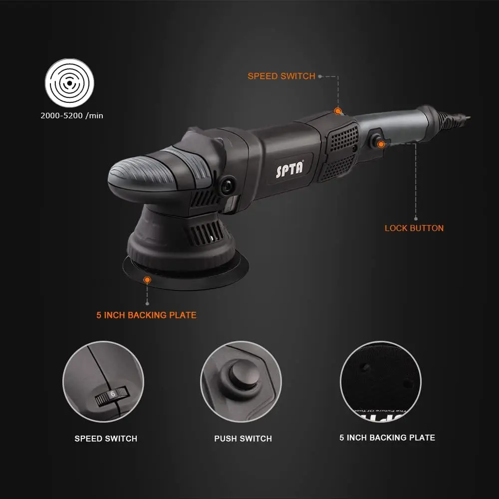 ماكينة تلميع السيارات، ملمع غريب الأطوار 780 وات، 6 سرعات متغيرة، مع إسفنجة تلميع 125 مم و150 مم، D-Ha قابلة للإزالة