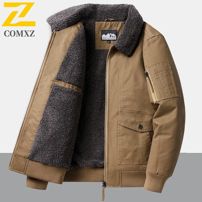 COMXZ 2025 الرجال صوف مبطن سميكة رفض طوق سترة الشتاء منتصف العمر عادية الحد الأدنى معطف القطن الدافئ