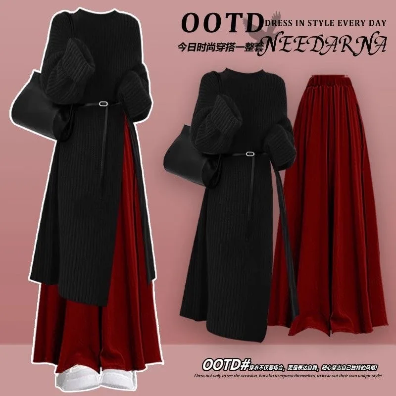 2025 Autumn and Winter New Knitted Sweater Dress Casual Loose Half Skirt Two-piece Set Elegant Women's Pants Set