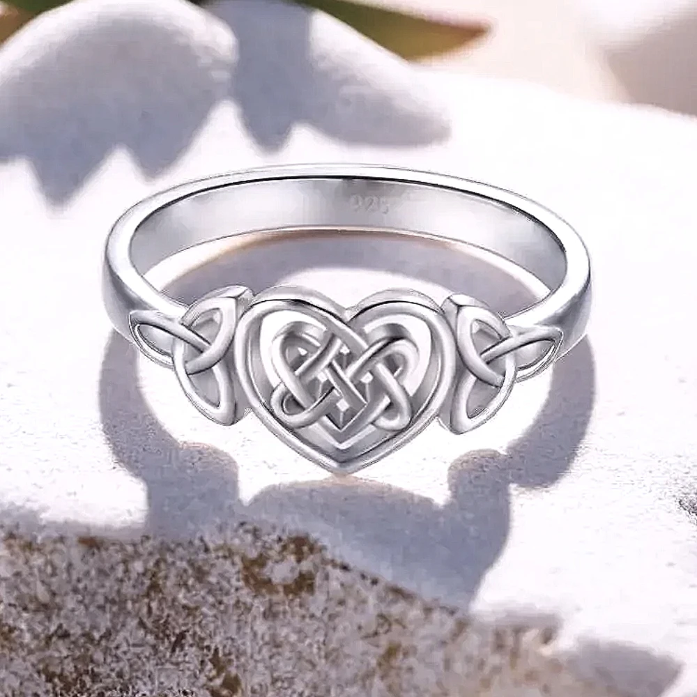 S925 Silver Celtic Knot Heart Rings for Women High Polish Tarnish Resistant Eternity Wedding Band Hollow Out Geometric Jewelry