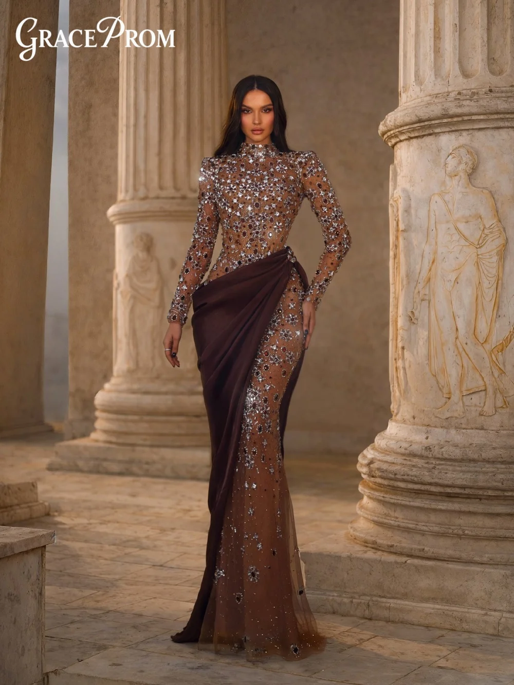 

Luminous High Neck Evening Gown 2026 Nude Brown Rhinestone 3D Flower Long Sleeve Party Dress For Wedding Guests فساتين سهرة