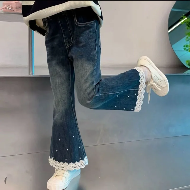 Girls Fleece Lined Jeans Thick Warm Stretchy Slim Fit Denim Pants Kids Winter Long Trousers Children Casual Bottoms