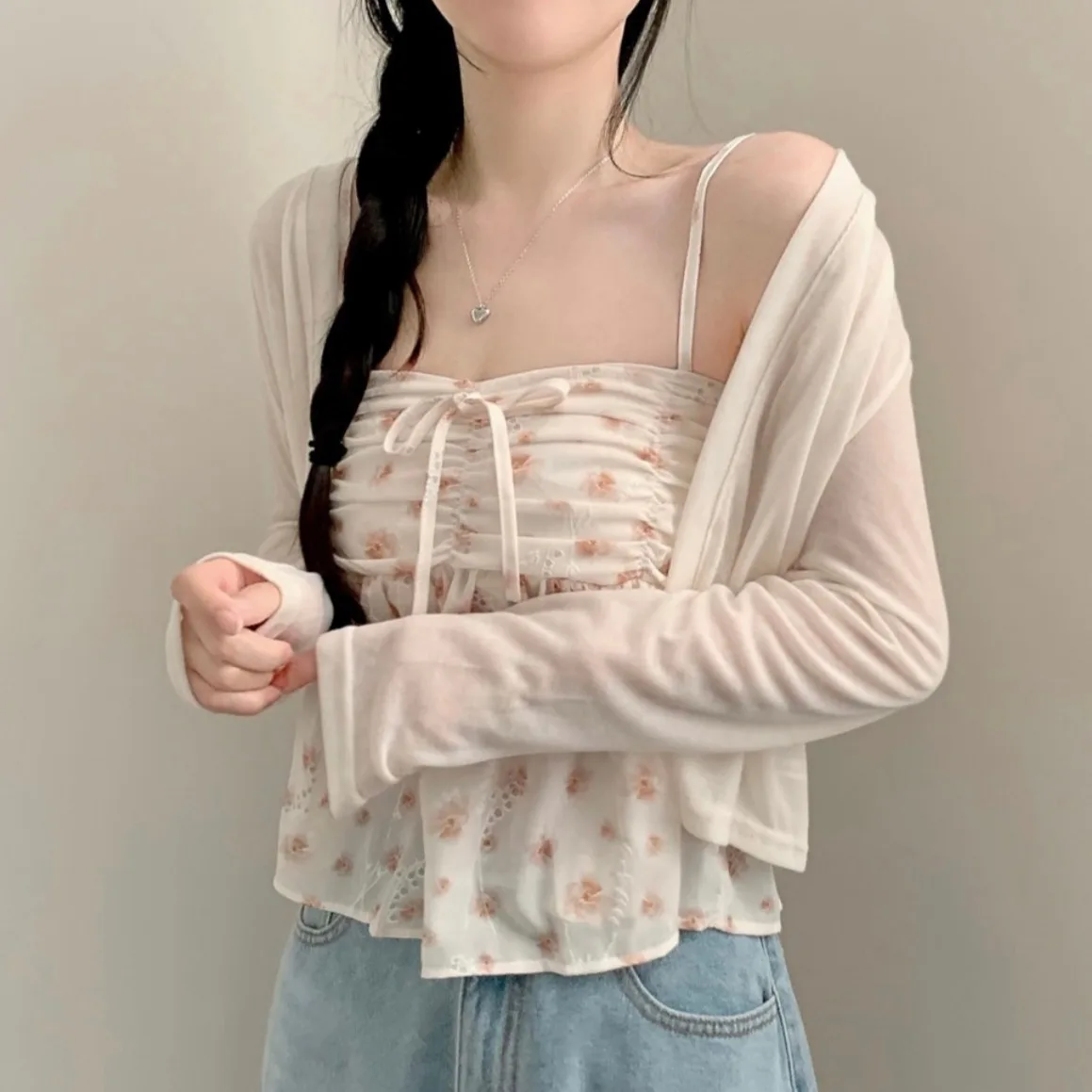 Cárdigan abierto de punto coreano Sle Long Sve con top floral para mujer, conjunto de moda de verano, temperamento dulce, en dos piezas...