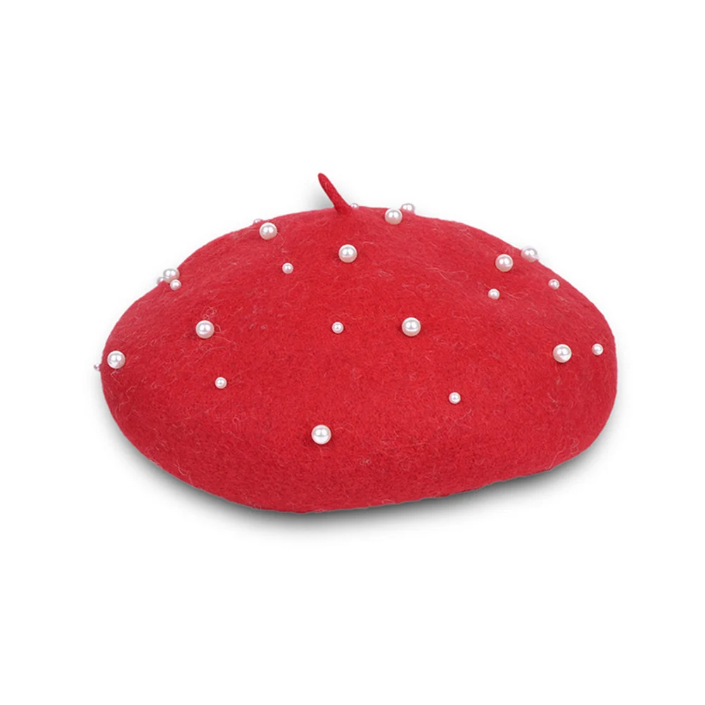 

Wool Pearl Beret Hat Winter Warm Elegant Headwear Fashionable Sweet Lightweight Breathable Travel Gift For Girls Red
