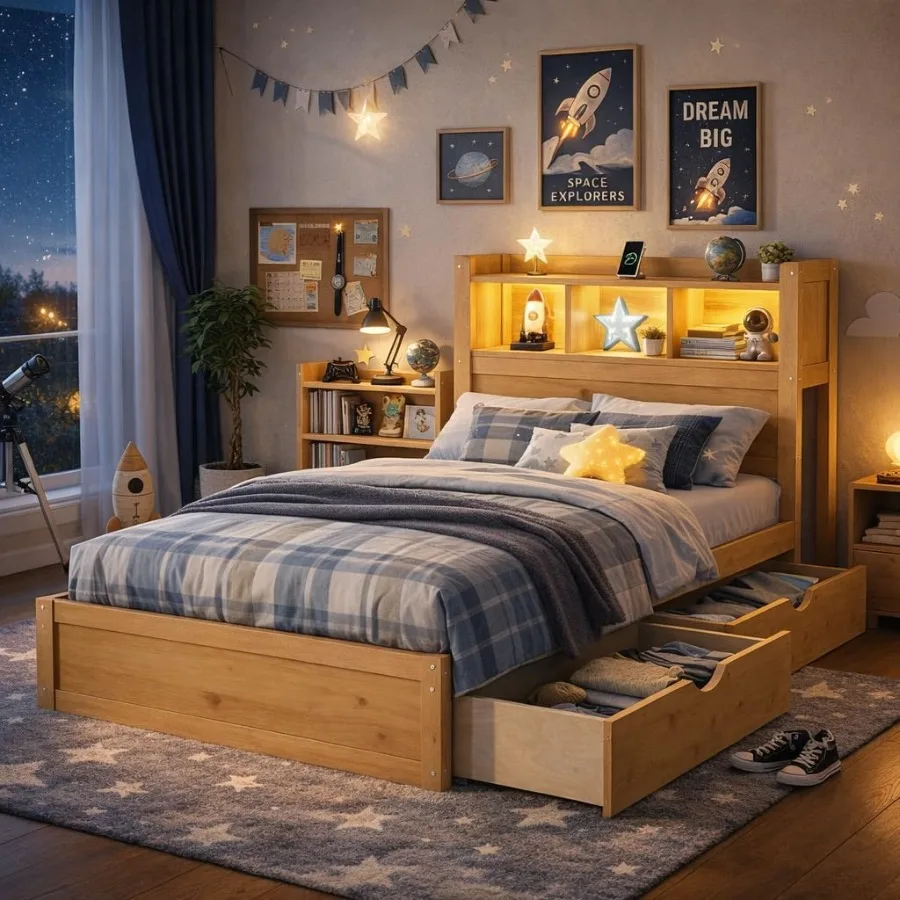 bed with drawers and storage headboard for teens, solid wood frame in light oak finish, includes pull-out cabinet and built-in