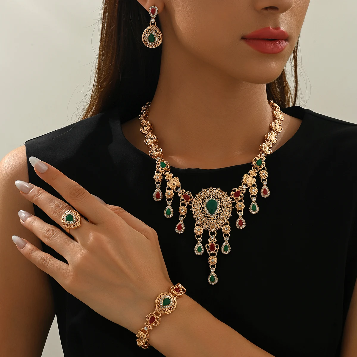 

Arabian Style Luxurious Bridal Necklace, Earrings, Bracelets, Ring, Wedding Jewelry Set, Festival Gift