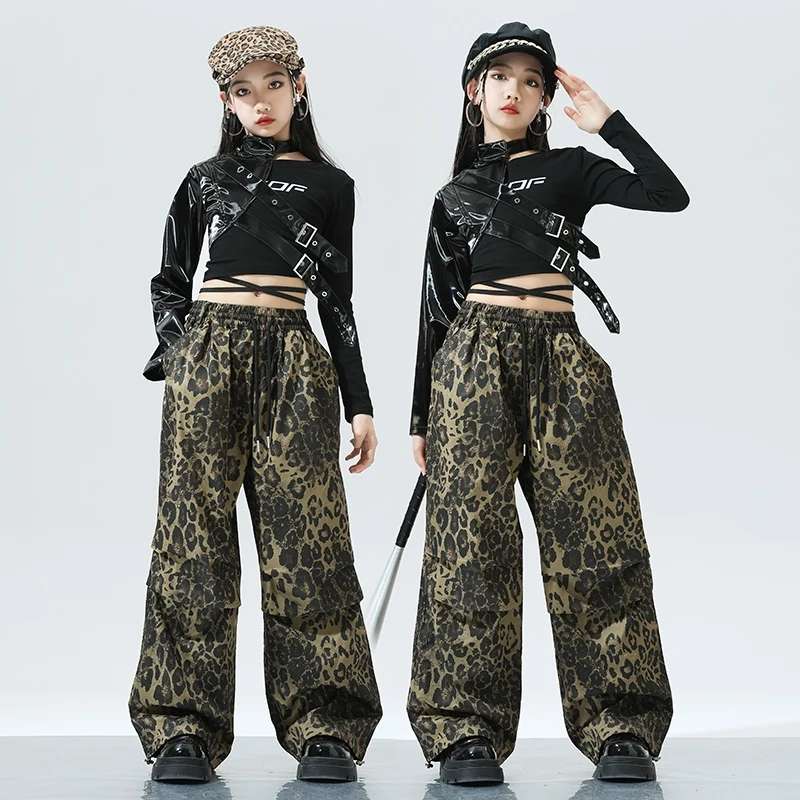 

Jazz Dance Kids Clothing Crop Tops Leopard Print Cargo Pants Hip-hop Suit Street Dance Clothes Catwalk Show Costumes DQL10428