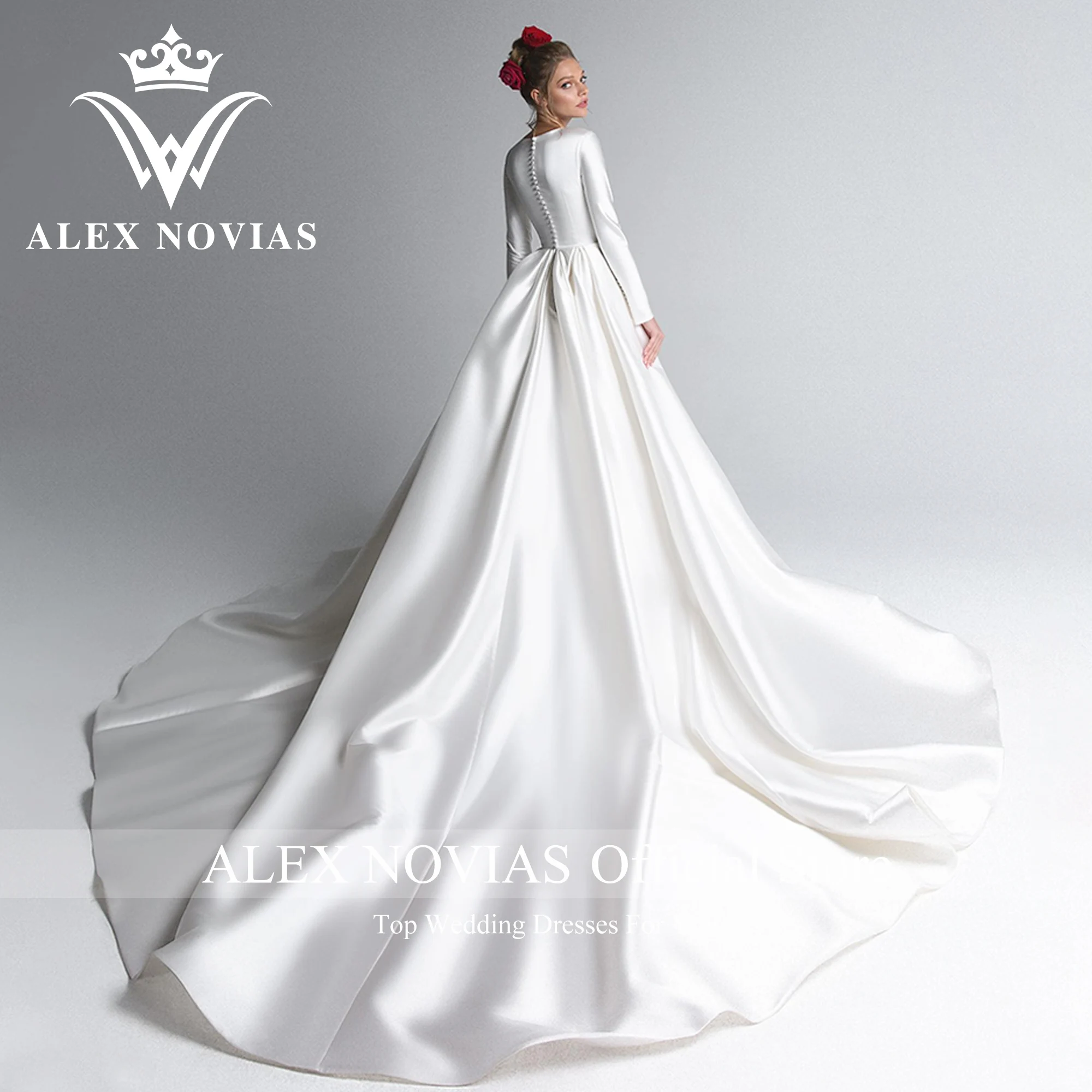 Бальное платье ALEX NOVIAS с длинным рукавом, свадебное платье 2023, современное сатиновое платье с глубоким круглым вырезом на пуговицах, со шлейфом