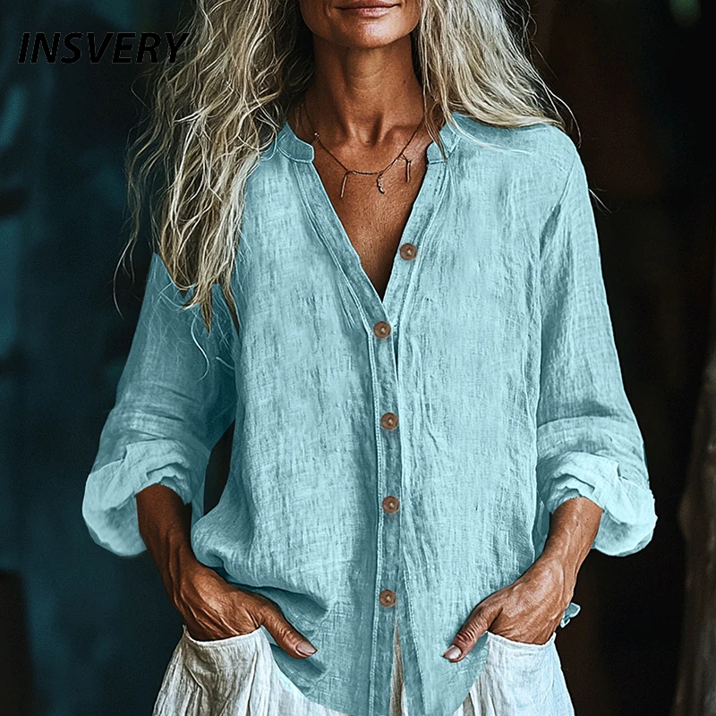 

Spring Summer Casual Long Sleeve Shirt Blouses Women Solid Color Cotton Line Cardigan Loose Button Shirts For Women Tops