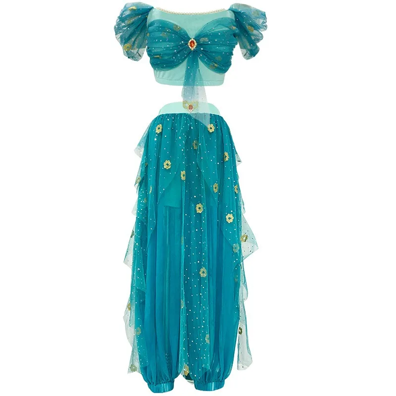 Jasmijn Prinses Arabisch Kostuum Cosplay Aladdin's lamp Indiase Dans Jurk Groene Set Vrouwen Halloween Party Rollenspel Outfit