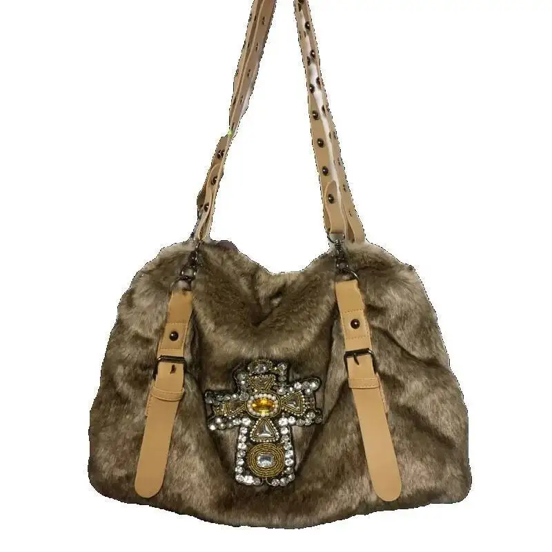 Vintage Y2k Aesthetic Streetwear Women's Handbags Korean Trendy Casual Crossbody Bag Fluffy Cross Dia Shoulder Bags Female