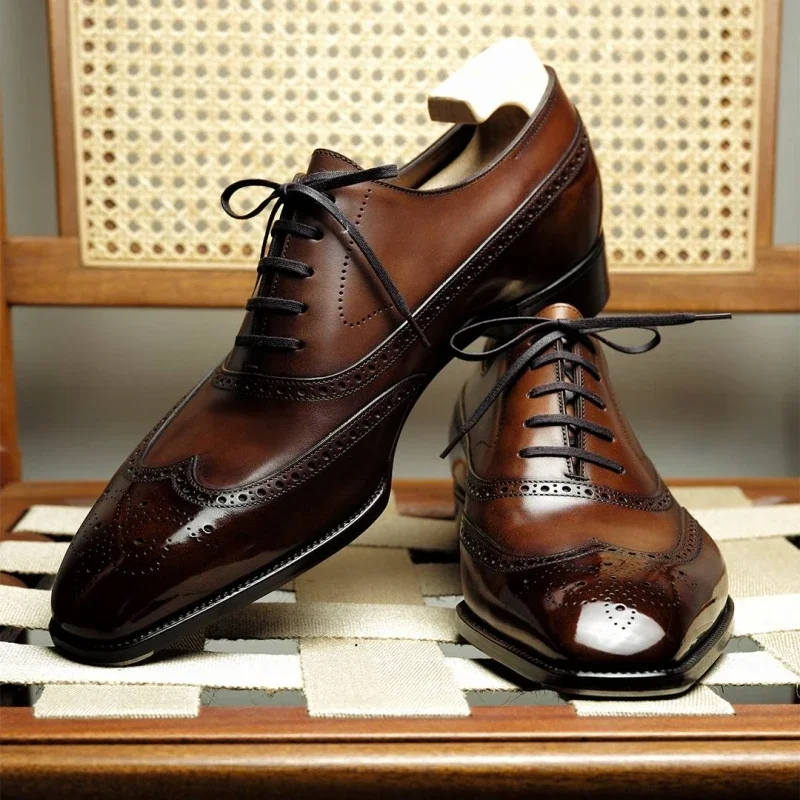 New In Brown Brogue Shoes for Men Black Lace-up Square Toe Party Wedding Shoes  Men Shoes Size 38-46