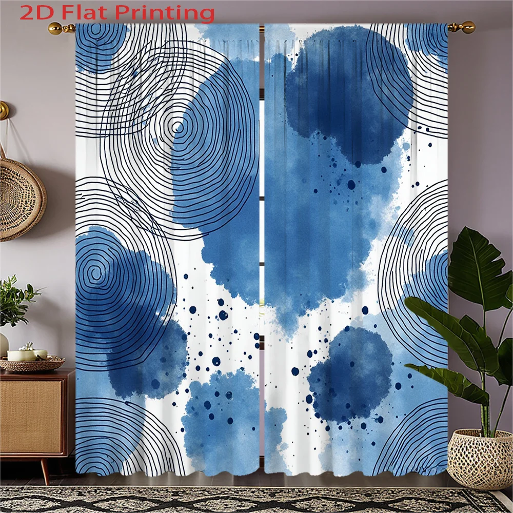Abstract Watercolor Curtains 2pcs – Blue Ink Blots and Concentric Circles, Minimalist Zen Decor for Living Room and Bedroom