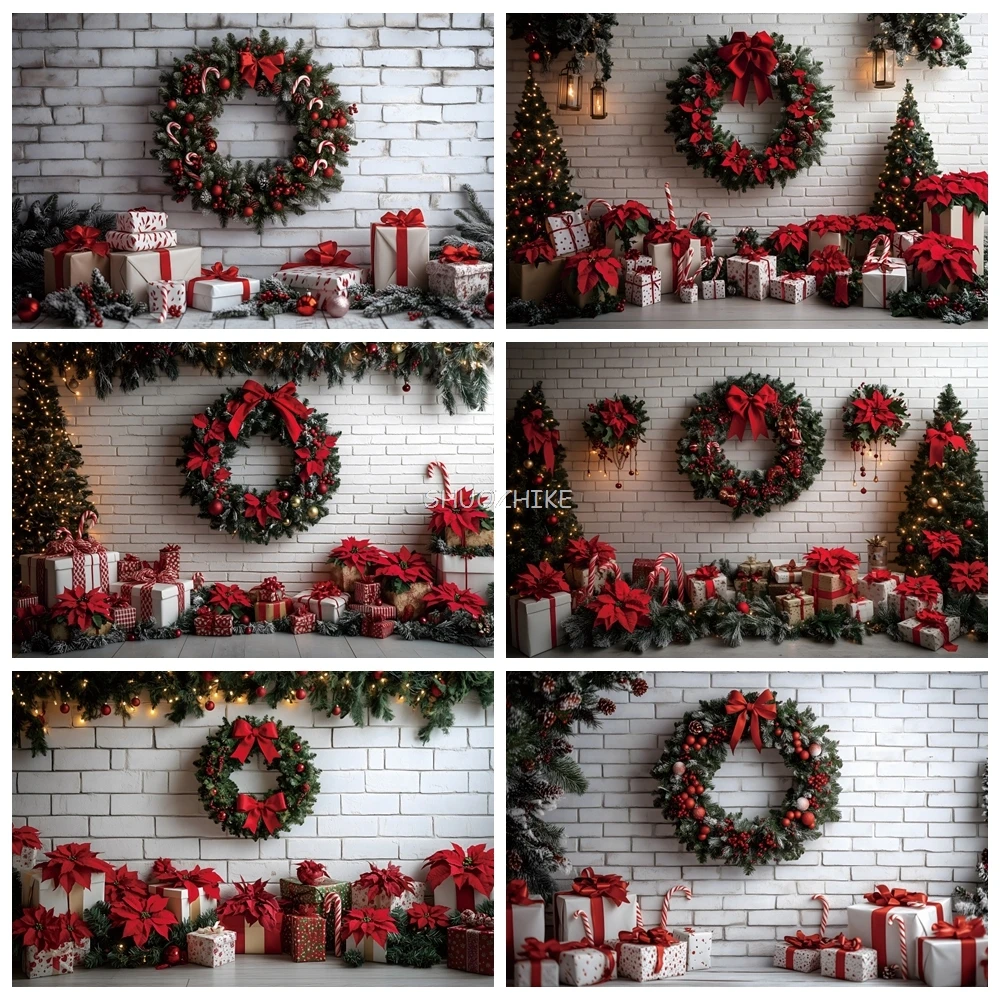 

Christmas Garlands Backdrop for Photography White Brick Wall Winter Xmas Tree Background Family Party Selfie Photo Props CF-29