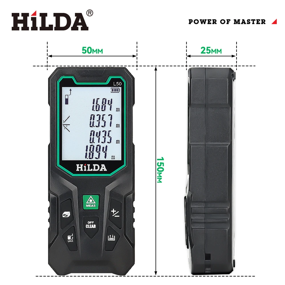 HILDA 50/100/120M Laser-Entfernungsmesser, rotes/grünes Licht, Laser-Entfernung, digitales Klebeband, wiederaufladbar und messbarer Winkel, Lasermaß – Detail 14