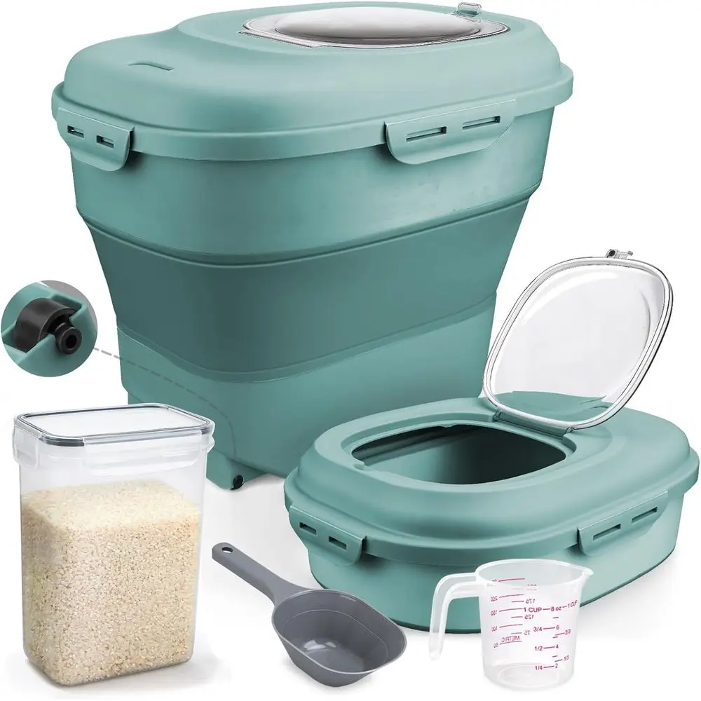 

Складной контейнер для хранения риса объемом 13–50 фунтов с крышкой, колесами, измерительными инструментами, герметичный контейнер для корма для домашних животных - зеленый