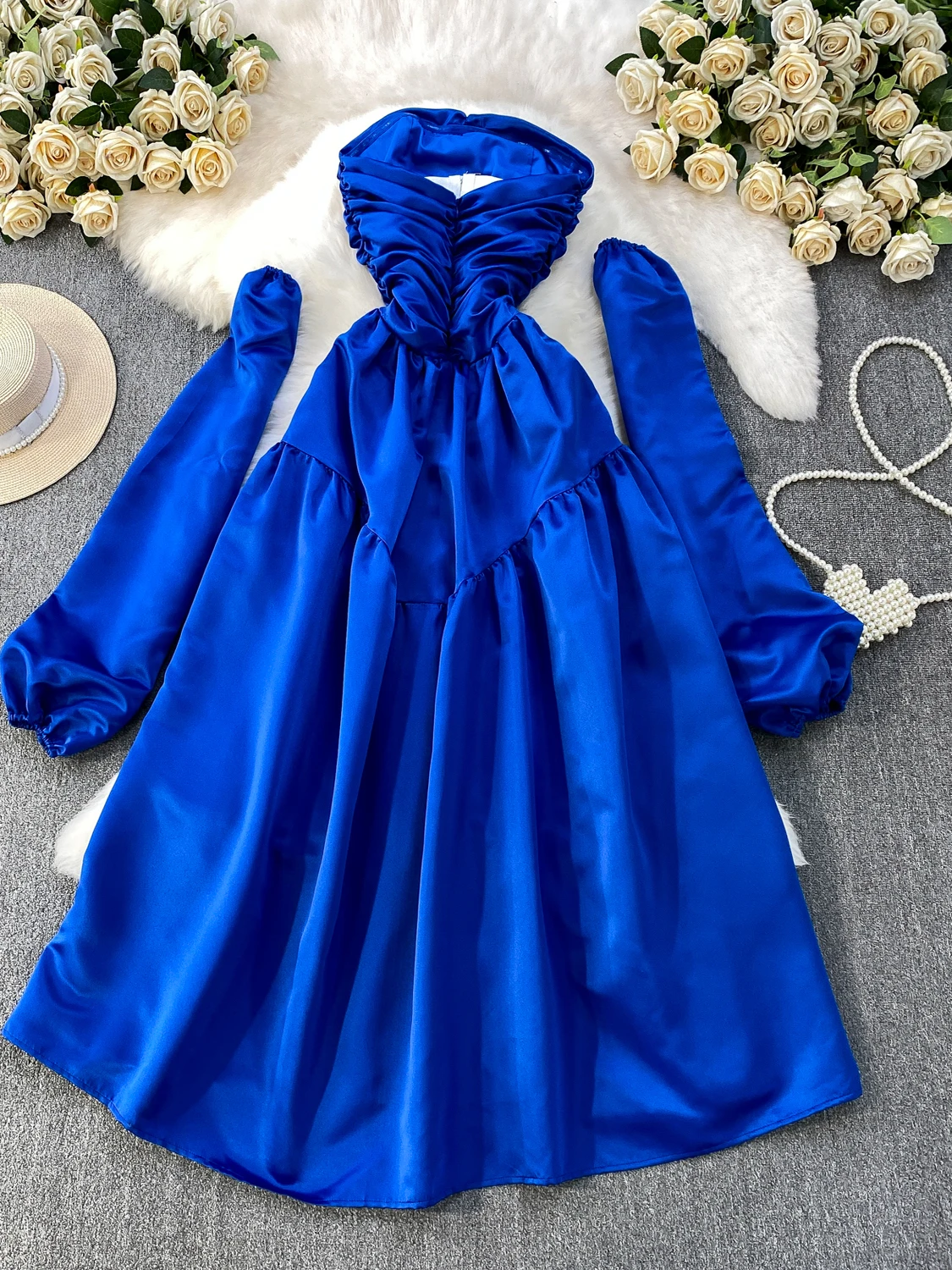 Ele Evening Dr Rock Damen Herbst Winter Kleid mit hoher Taille und Sves Taille gerafft A-Linie lang Dr