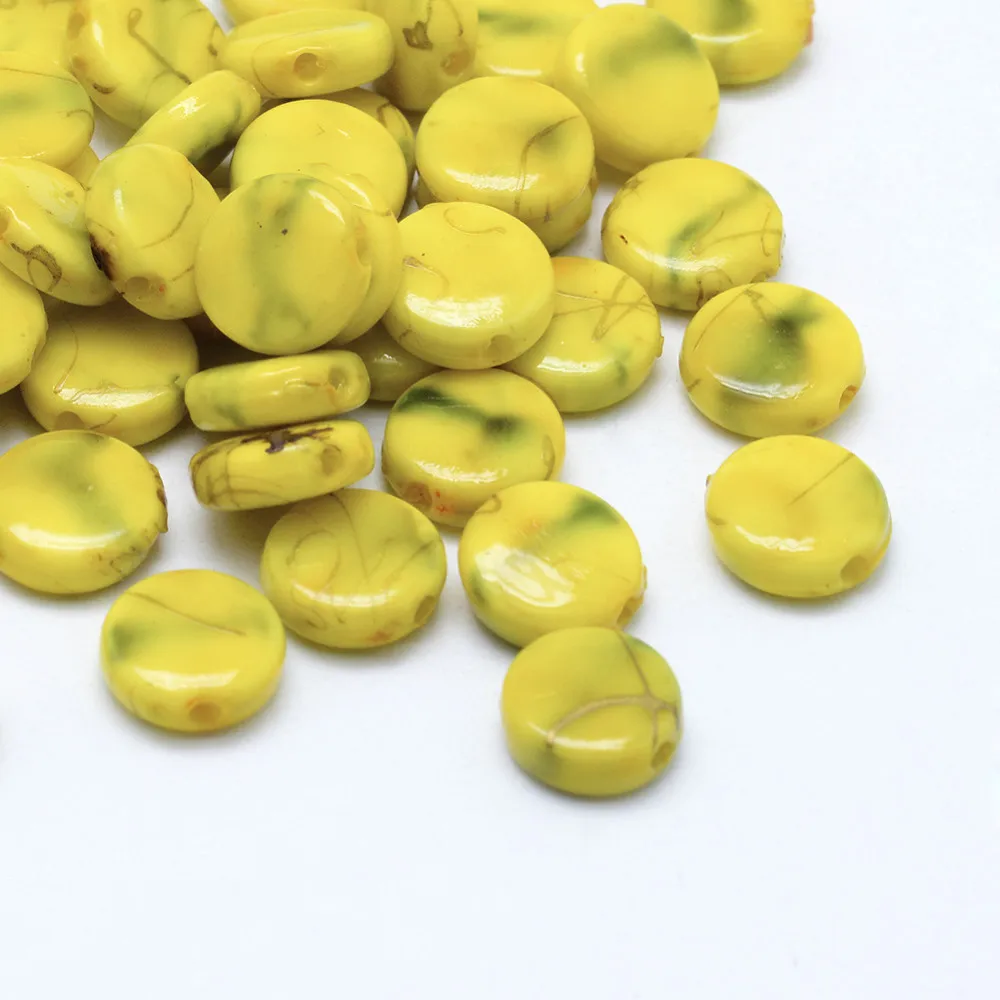 200pc Drawbench Acrylic Beads Spray Painted Flat Round Yellow 9x3.5mm Hole: 1mm