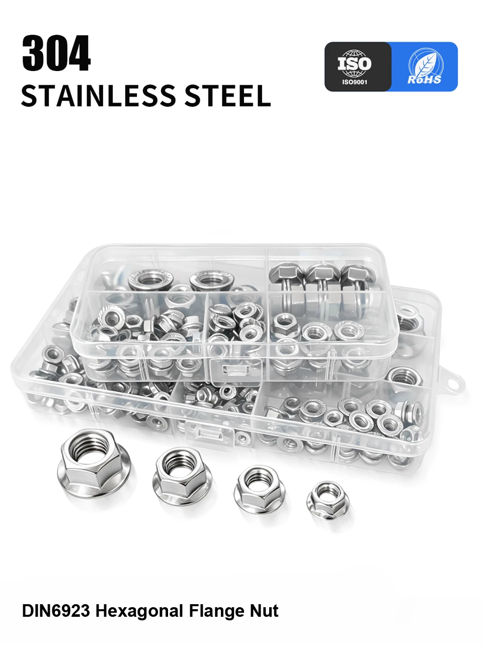 DIN6923 Sechskant-Flanschmutter mit Zähnen SUS304 A2-70 INOX Edelstahl Metrischer Sicherungskragen Befestigungselement Verpackt in Box M3 M4 M5 M6 M8 M10 M12 – Detail 1