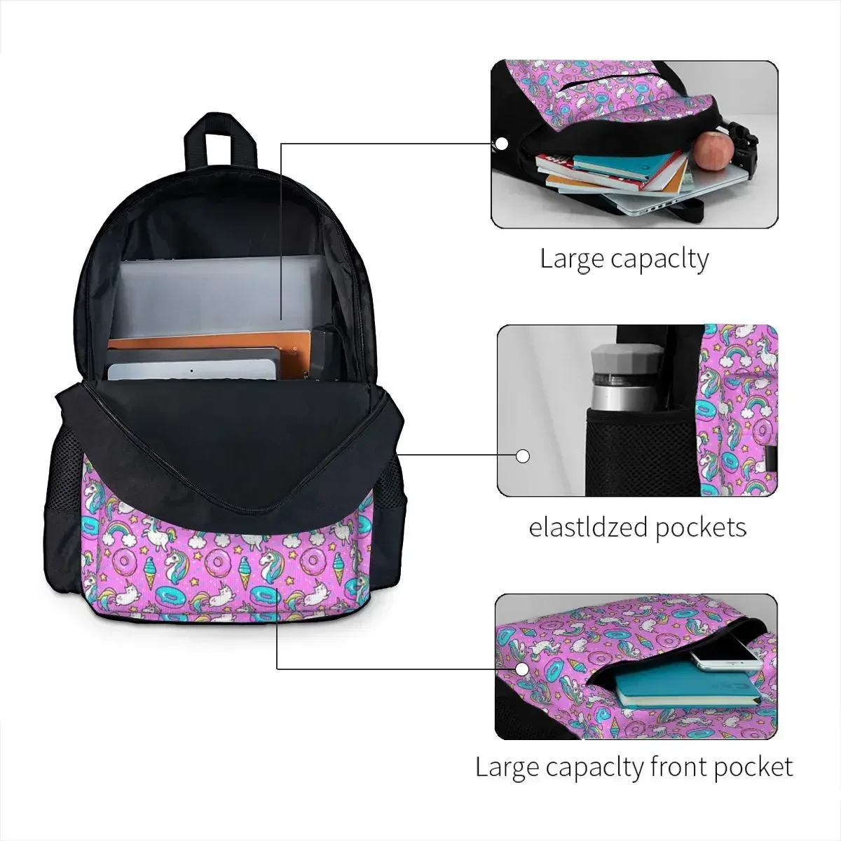 Unicorn Donut Cat Ice Cream Rainbow Pattern Backpacks Bookbag School Bags Rucksack Laptop Rucksack Shoulder Bag Large Capacity