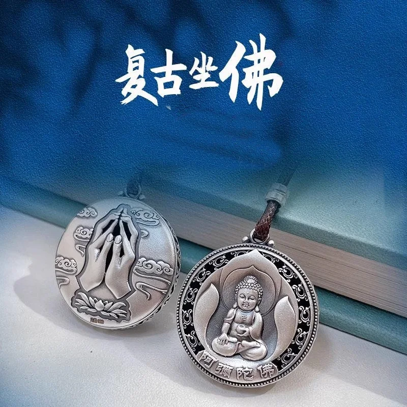 Retro Lotus Amitabha Buddha Pendant Necklace For Lady Blessing Accessories Devout Buddha's Hand Safe Bucklet Necklace Male Gift