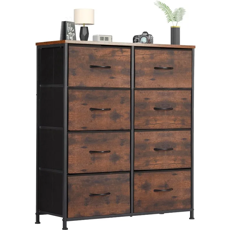 Dresser for Bedroom Drawer,with 8 Drawers,Chest of Drawers with Fabric Bins, Steel Frame, Wood Top for Bedroom, Closet, Entryway